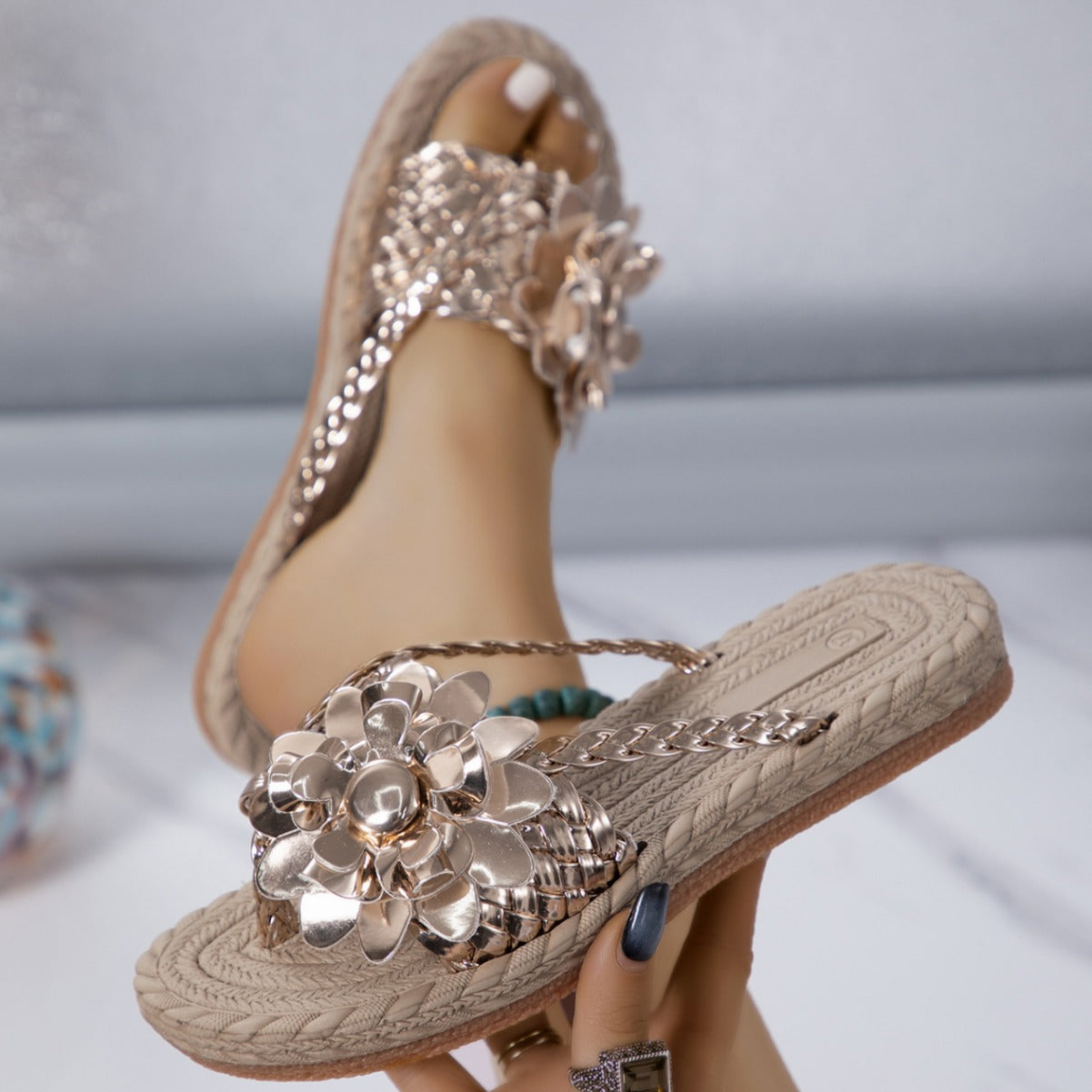 Summer Women's Large Size Versatile Thick Soled Flower Sandals